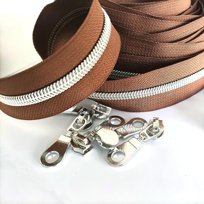Leekayer #5 Metallic Silver Nylon Coil Zippers by The Yard Bulk 10 Yards Brown - Image 5
