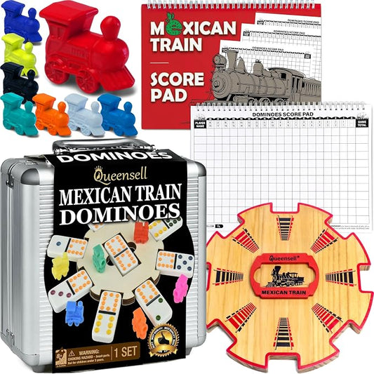 Queensell Dominoes Double 12 + Wooden Hub + Score Pad + Metal Trains by Queensell