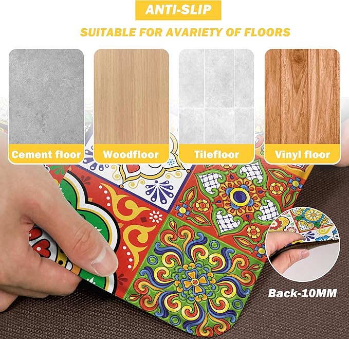 Boho Kitchen Rugs Set 2 Memory Foam Colorful Ceramic Comfort Tile Floor Mat - Image 5