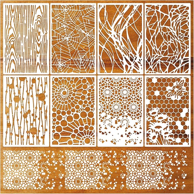 8 Pieces Stencils for Crafts Reusable Texture Spider Stencils Net Wood Grain - Image 8