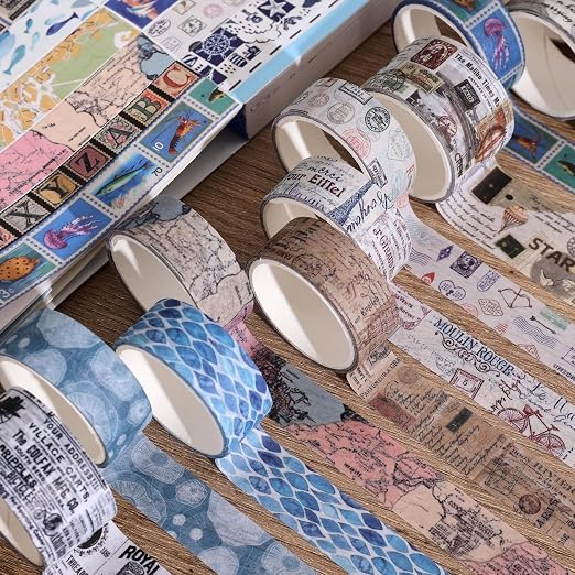 38 Rolls Vintage Washi Tape Set, Vintage Travel Stamp Map Scenery Art Letter - Image 5