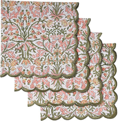 Ridhi Sassy Salmon Pink Hand Block Print Napkins 18" x 18" Set of 4 Reusable by Ridhi