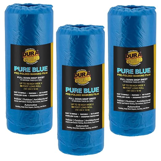 Dura-Gold 72" x 59' Pure Blue Pre-Folded Masking Film, Painters Plastic Roll by Dura-Gold