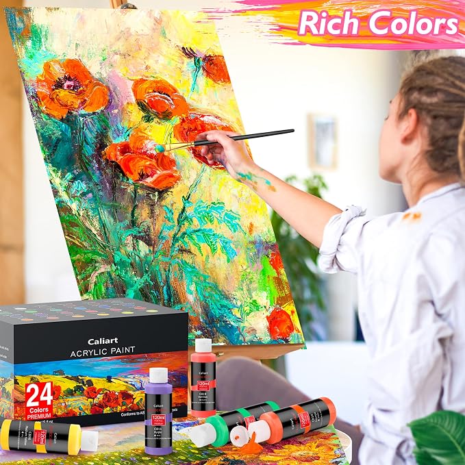 Caliart Acrylic Paint Set With 12 Brushes, 24 Colors Art Craft Paints - Image 6