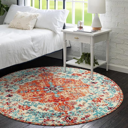 Lahome Bohemian Floral Medallion Round Rug - 4Ft Soft Bedroom Area Rug Oriental - Image 2
