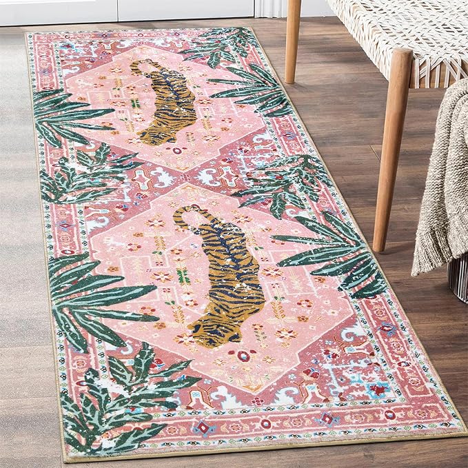 Oriental Tropical Hallway Runner Rug 2x6 Washable, Thin Stain Resistant Pink - Image 2