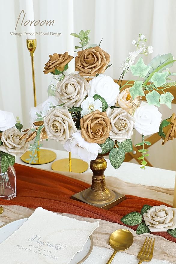 Floroom Artificial Flowers 25pcs Real Looking Gold & Champagne Gold Foam Fake - Image 2