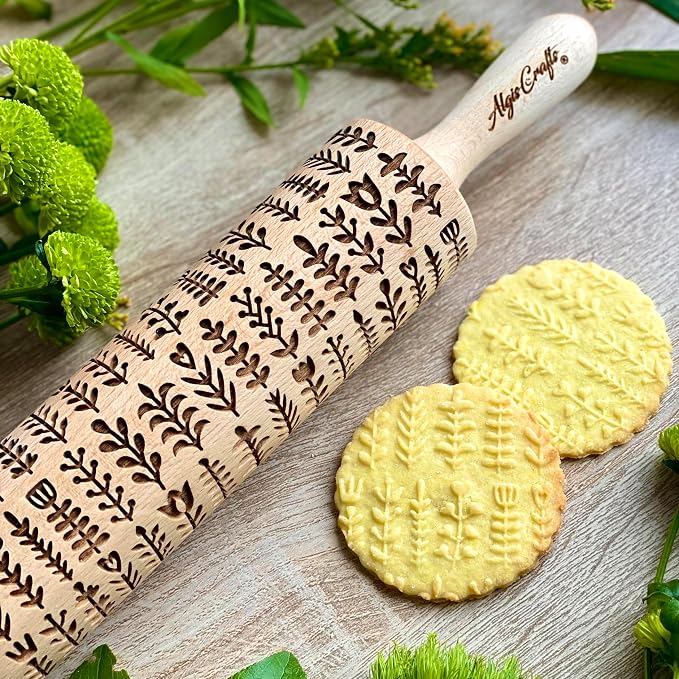 HERBS Embossing rolling pin. Leafy green and flowering plants on embossed dough - Image 3