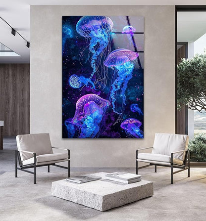 My Photostation.com 27Wx43H'' Glowing Jellyfish Glass Wall Art Tempered Glass - Image 2