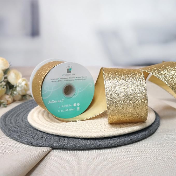 CT CRAFT LLC Glitter Wired Ribbon 2.5" x 10 Yards Light Gold - Image 4