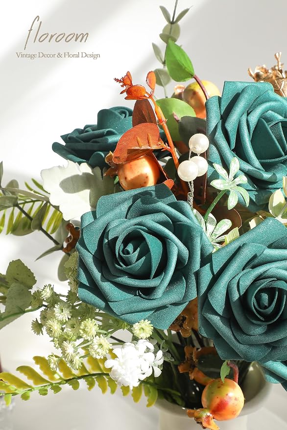 Floroom Artificial Flowers 25pcs Real Looking Dark Teal Foam Fake Roses - Image 3