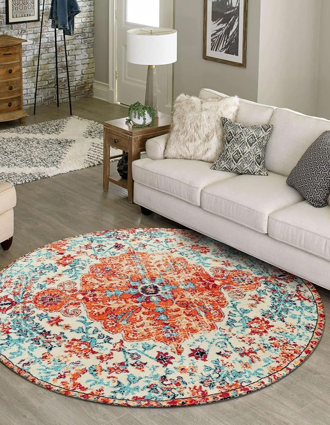 Lahome Bohemian Floral Medallion Round Rug - 4Ft Soft Bedroom Area Rug Oriental - Image 3