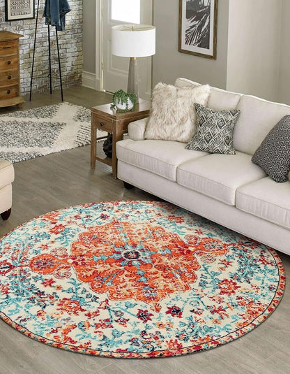 Lahome Bohemian Floral Medallion Round Rug - 4Ft Soft Bedroom Area Rug Oriental - Image 3