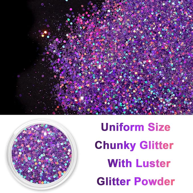 Renfio 2 Sizes Glitter, 2.11oz/60g Purple Glitter, Holographic Fine Glitter Mix - Image 2