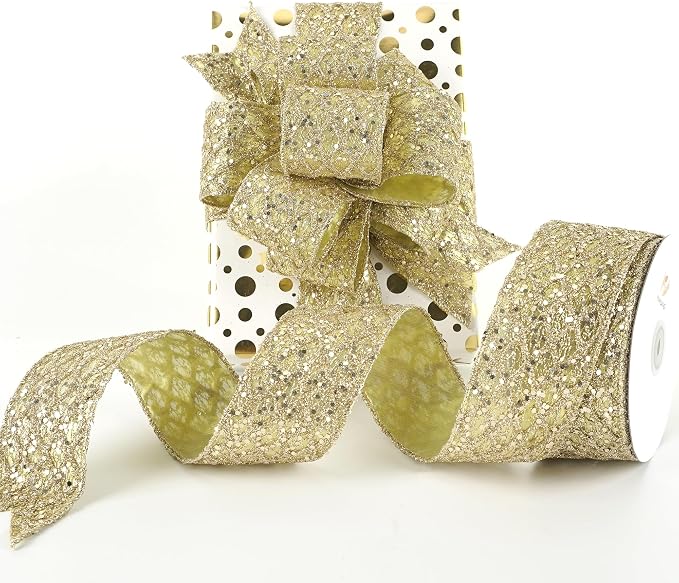HUIHUANG Champagne Glitter Wired Ribbon by HUIHUANG