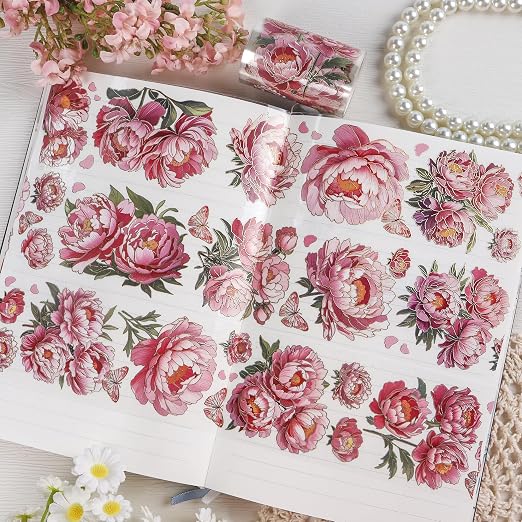 PET Tapes - Pink Flower Scrapbook Supplies, Transparent Floral Tapes - Image 5