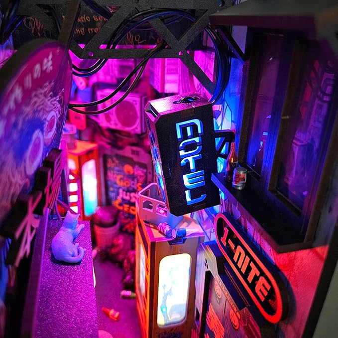 Neo Ramen MiniAlley DIY Cyberpunk Book Nook Kit – Wooden Diorama - Image 7