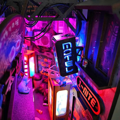 Neo Ramen MiniAlley DIY Cyberpunk Book Nook Kit – Wooden Diorama - Image 7