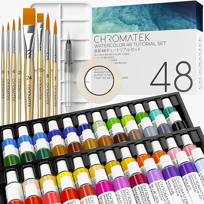 CHROMATEK Watercolor Paint Set, 84 Piece Kit, Video Tutorial Course, 48 Tubes by Chromatek