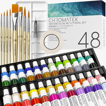 CHROMATEK Watercolor Paint Set, 84 Piece Kit, Video Tutorial Course, 48 Tubes by Chromatek