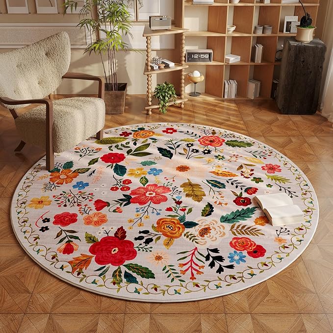 Rugcomf Round Rug 6ft Washable Circle Rug Non Slip Low Pile Boho Floral Small by Rugcomf