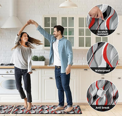 Kitchen Mats for Floor Modern Abstract kitchen rugs Grey and Red Stripe Anti - Image 7