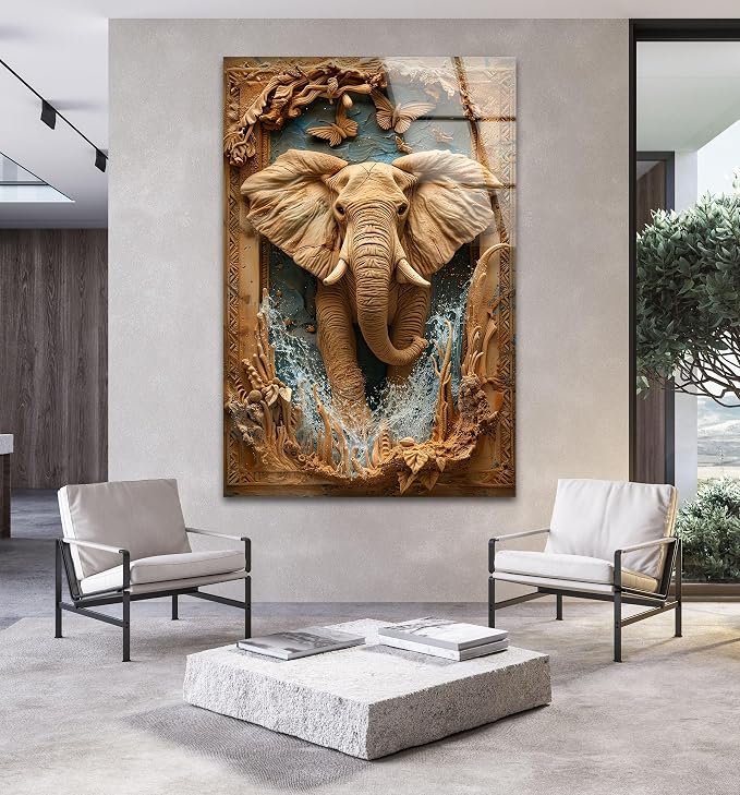 My Photostation.com 24Wx30H'' Elephant Carving Glass Wall Art Tempered Glass - Image 2
