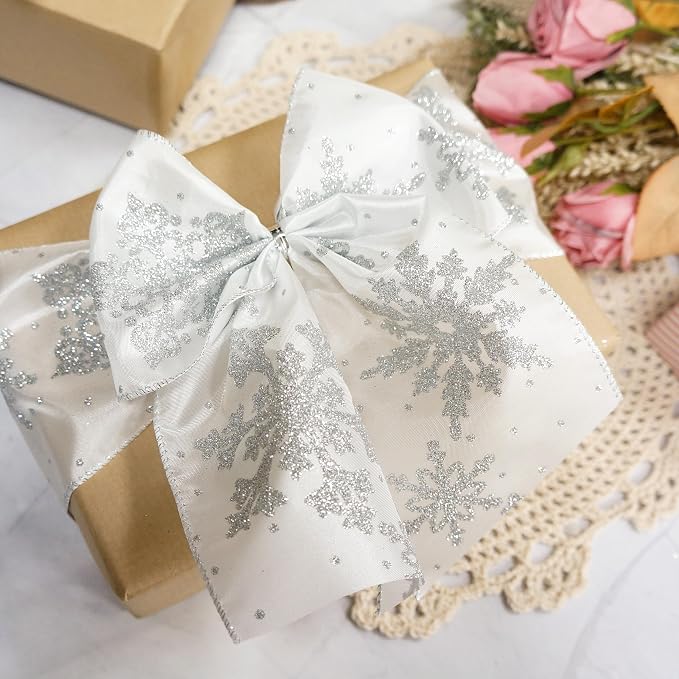 CT CRAFT LLC White Satin with Silver Snowflake Wired Ribbon 4 Inch x 10 Yards - Image 5