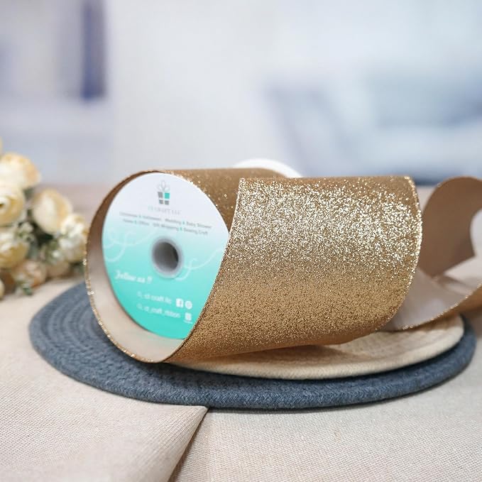 CT CRAFT LLC Glitter Wired Ribbon 4" x 10 Yards Gold - Image 4
