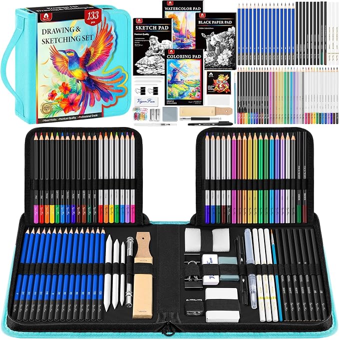 133 PCS Art Supplies Sketching Kit, Pro Drawing Pencils by Vigorfun