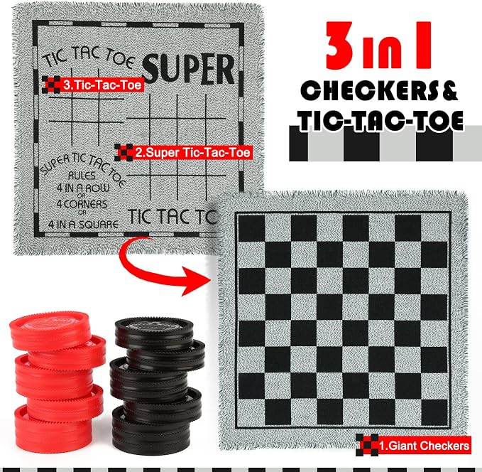 Giant Checkers Board Game Set, 3 in 1 Tic Tac Toe Board Draughts Reversible Rug - Image 4