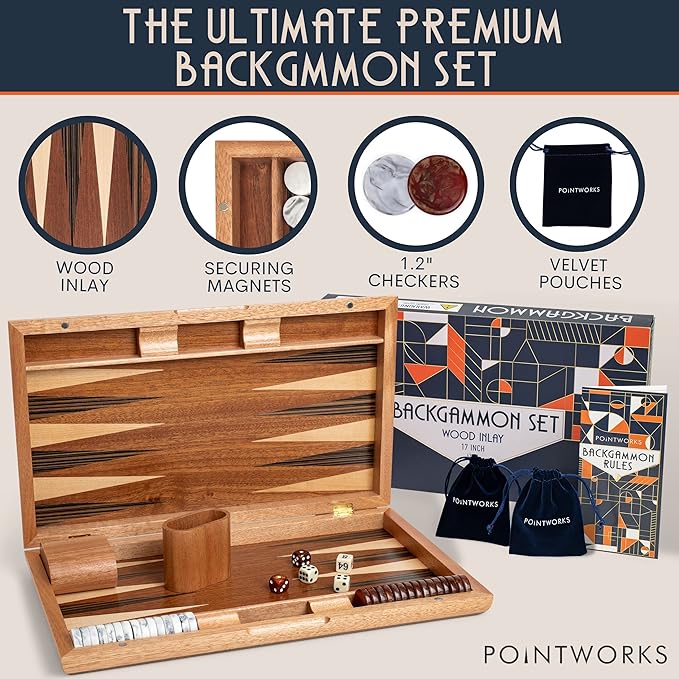 17 Inch Backgammon Sets for Adults. Beautiful Wood Inlaid Backgammon Board Game - Image 2
