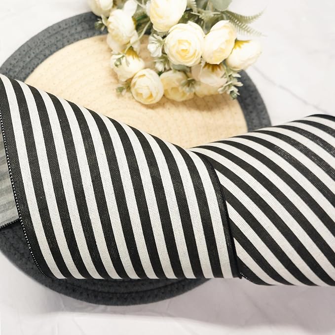 CT CRAFT LLC Striped Canvas Cotton Ribbon 4" x 10 Yards Ivory/Black Stripes - Image 3
