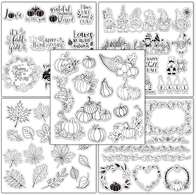 Whaline 5 Sheet Fall Thanksgiving Clear Stamps Autumn Leaves Pumpkin Gnome by Whaline