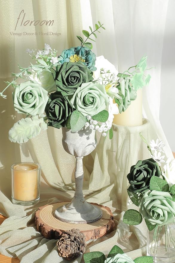 Floroom Artificial Flowers 25pcs Real Looking Sage Green & Emerald Green Foam - Image 2