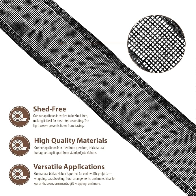 Mandala Crafts Black Burlap Ribbon 2.5 Inches Wide Jute Ribbons - Image 3