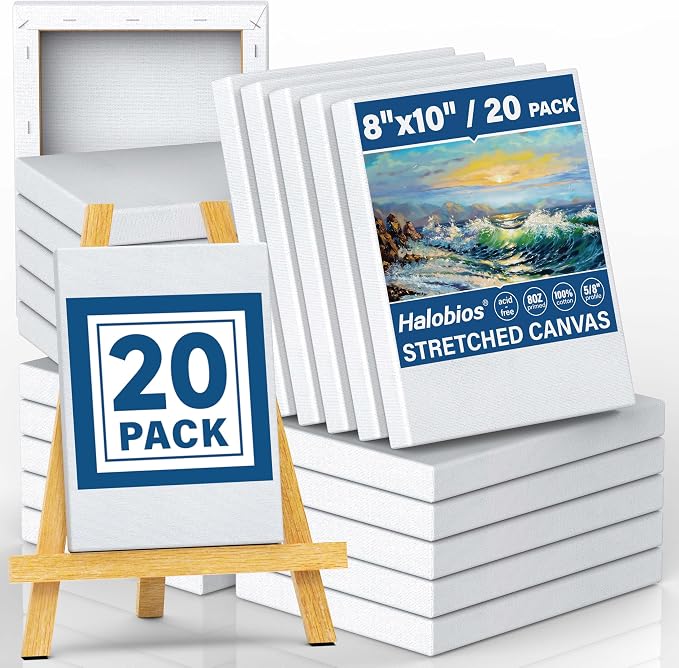 Blank Canvases - 8x10in Stretched Canvases, 20 Pack, 5/8 Inch Profile, 100% by Halobios