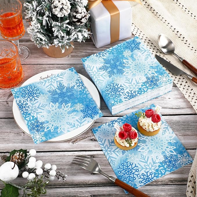60 Pcs Winter Snowflake Cocktail Paper Napkins 6.5 x 6.5 Inches Disposable - Image 4