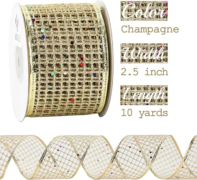 MEEDEE Champagne Gold Glitter Ribbon - Image 2