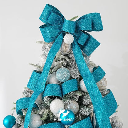 HUIHUANG Turquoise Glitter Wired Ribbon 4 inch Teal Christmas Tree Ribbon - Image 5