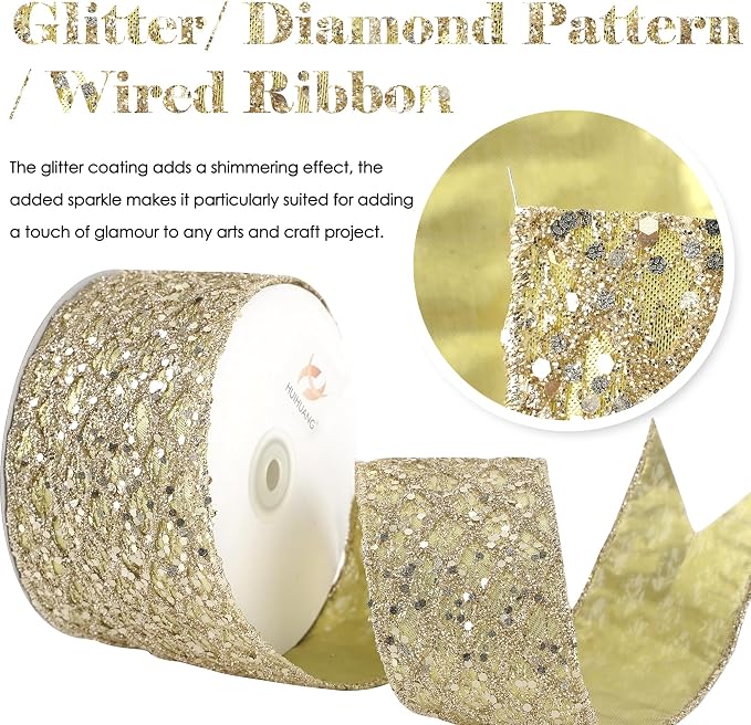 HUIHUANG Champagne Glitter Wired Ribbon - Image 3