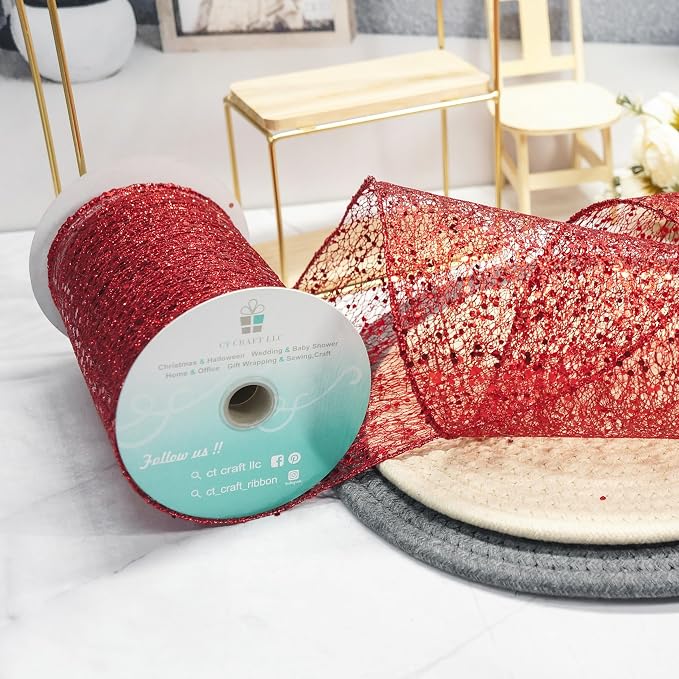 CT CRAFT LLC Sparkling Glitter Mesh Wired Ribbon 6" x 10 Yards Red - Image 4