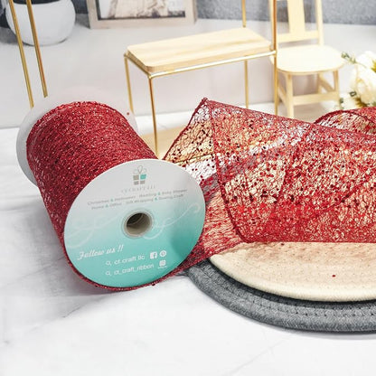 CT CRAFT LLC Sparkling Glitter Mesh Wired Ribbon 6" x 10 Yards Red - Image 4