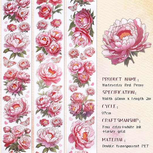 PET Tapes - Pink Flower Scrapbook Supplies, Transparent Floral Tapes - Image 4