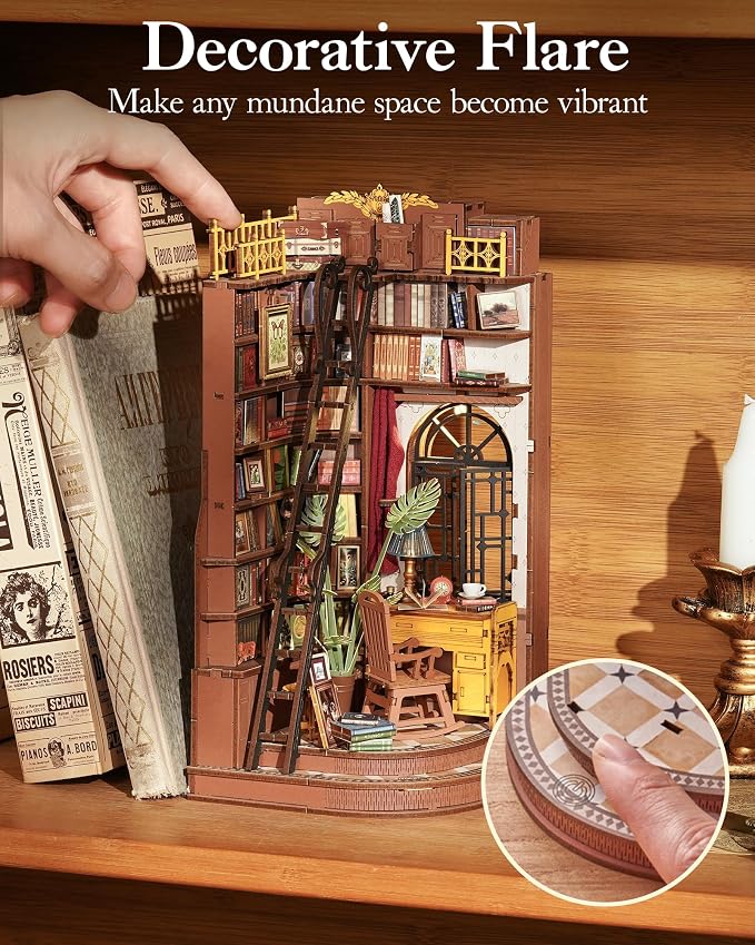 ROBOTIME Book Nook Kit, DIY Miniature House Kit, 3D Wooden Puzzle Bookends - Image 7