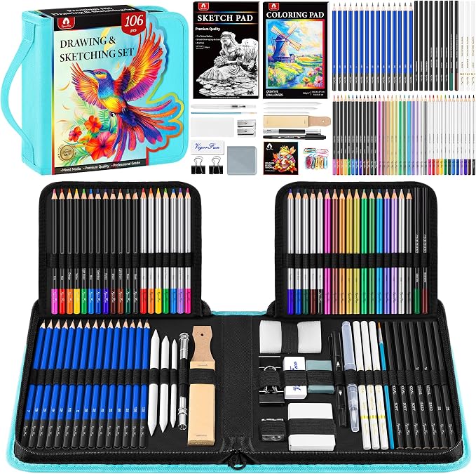 106 PCS Art Supplies Sketching Kit, Pro Drawing Pencils by Vigorfun
