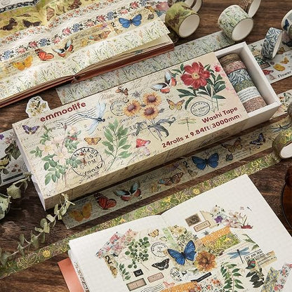 24 Rolls Vintage Washi Tape Set, Floral Letter Butterfly Mushroom Botanical - Image 5
