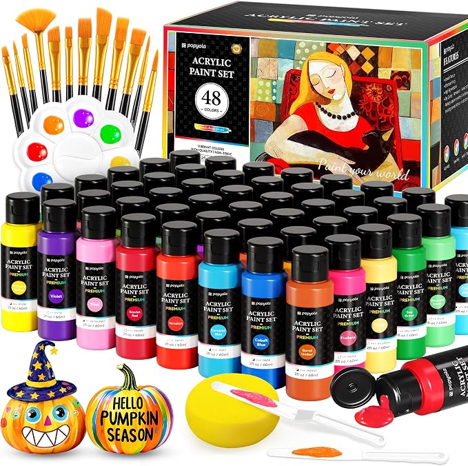 64 PCS Acrylic Paint Set with 12 Brushes, 2 Knives & Palette, 48 Colors Art by POPYOLA