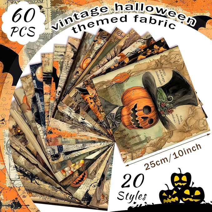 Ganeen 60 Pcs 10 x 10 Inch Vintage Halloween Quilting Fabric Squares Spooky - Image 2