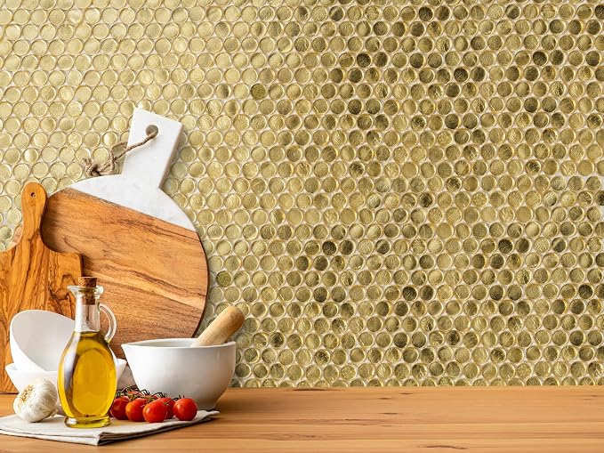 1.03 sq ft/Piece Pack of 1, Glossy Gold Glass Penny Round Mosaic Tiles – 12.2" by Tiletopia